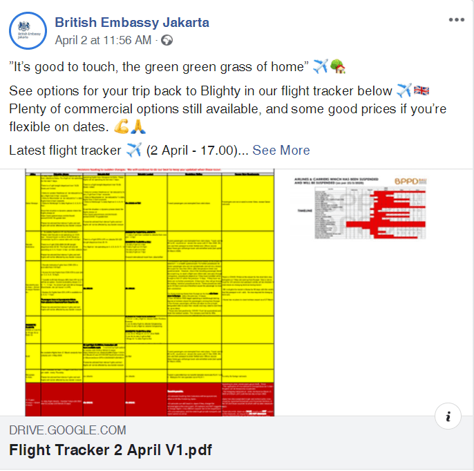 Public diplomacy in the time of Corona 2 British Embassy Jakarta Facebook post on flight tracker